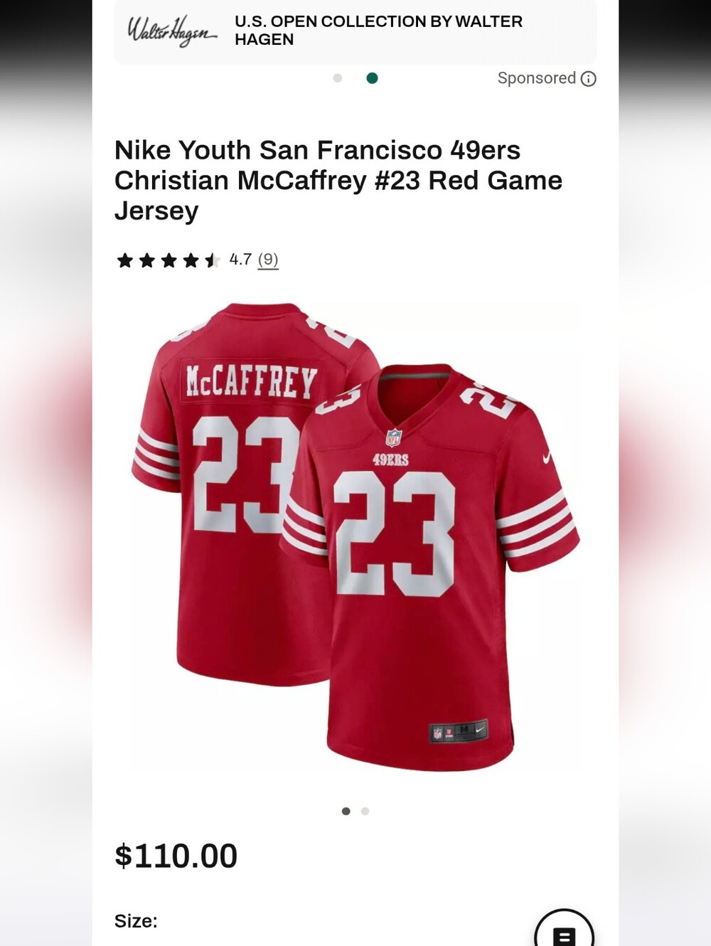 $110 NIKE NFL On Field Apparel 49ers McCaffrey Jersey M Youth 10/12